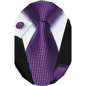Men Black Purple Tie Set Solid Paisley Necktie Pocket Square Cufflink Formal